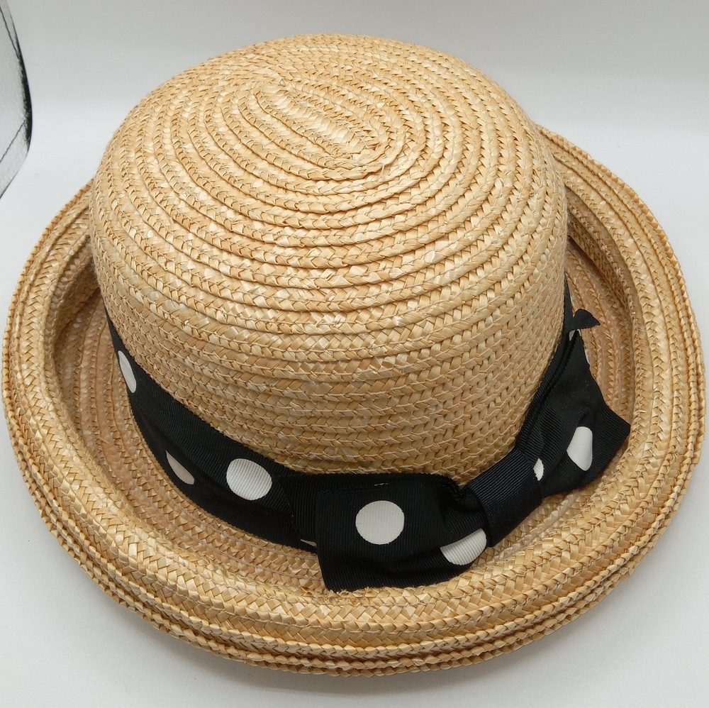 Yellow Rafia Straw hat with black ribbon and white dots print
